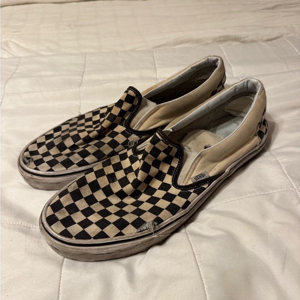 Vans Men's Checkered Slip-On Shoes - Black and Beige